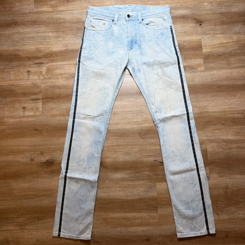 Diesel Thavar Jeans Men 30x34 Light Blue Acid Wash Side Stripe Slim Skinny 008W6